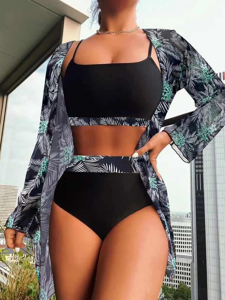 Dame bikiniset med blomster kimono og høj talje Stilla