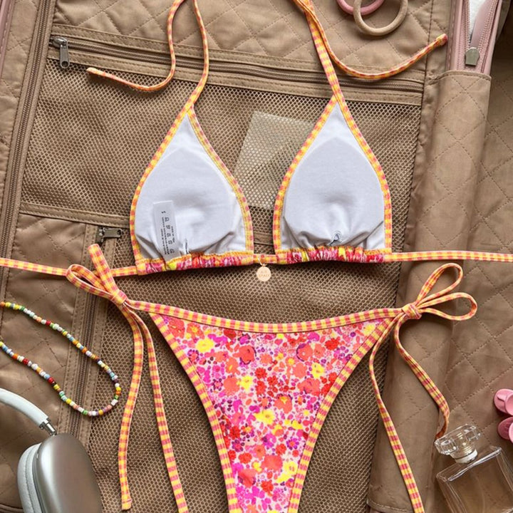 Dame triangel-bikini med blomsterdesign og justerbare stropper Skovae