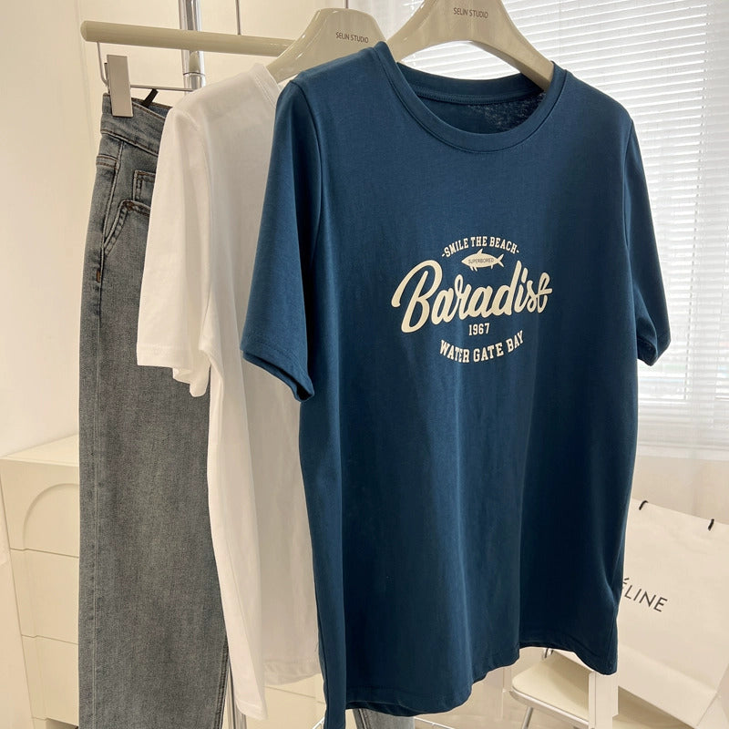 Dame T-shirt med begrundet Paradise-tryk og løs pasform Stilla