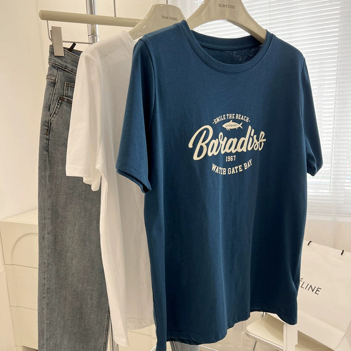 Dame T-shirt med begrundet Paradise-tryk og løs pasform Stilla