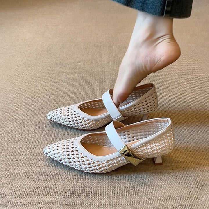 Dame Woven Spids Tå Mary Jane Flats med justerbar rem Stilla