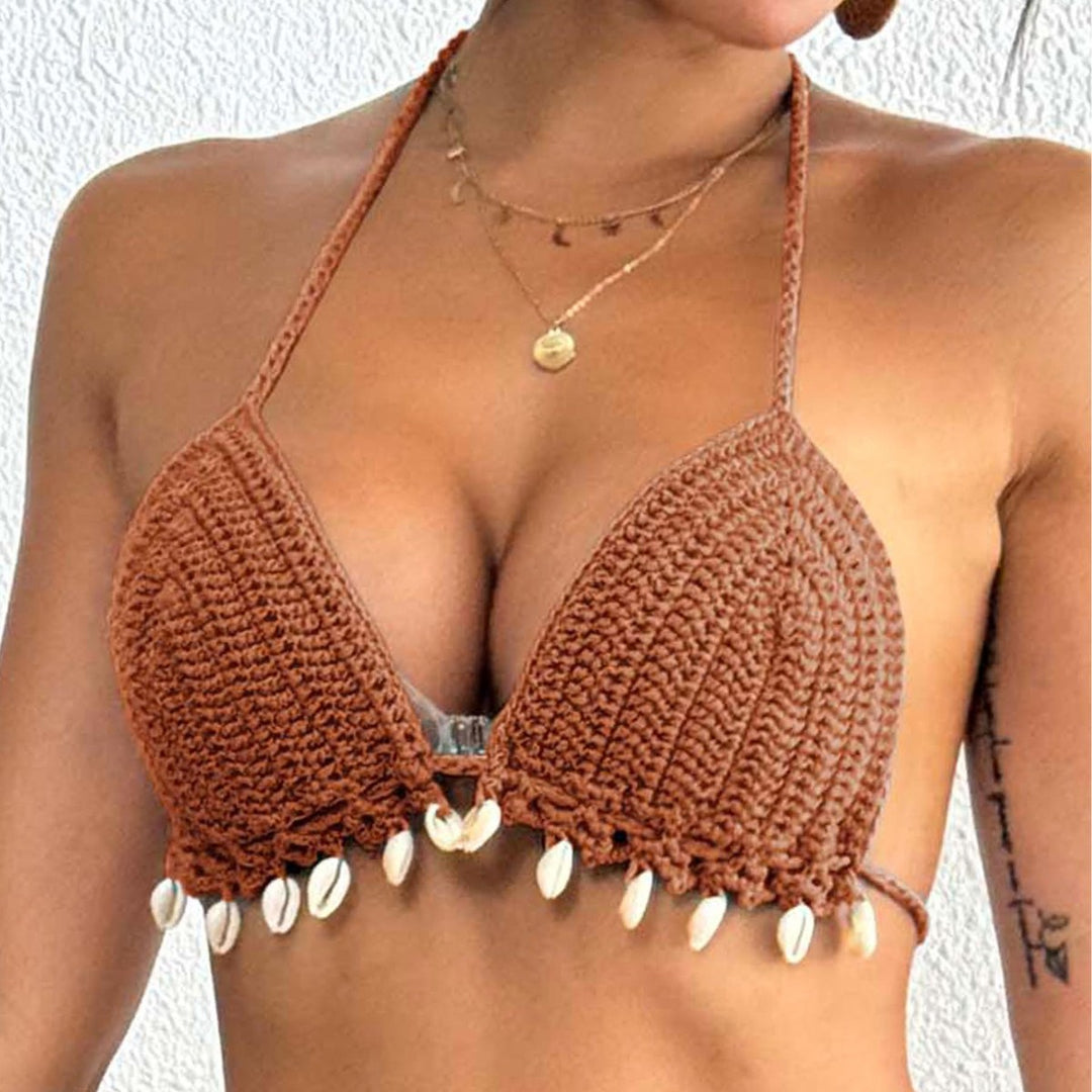Dame Hæklet-Bikini-Top med Muslingpryd og frynset Design Stilla