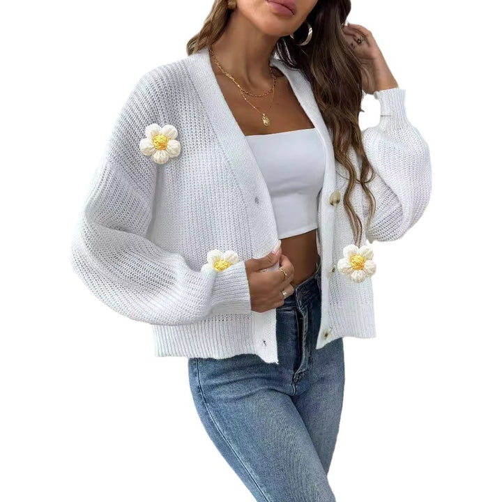 Damer moderigtig strik-Cardigan med innovativt blomstermotiv og ballonærmer Stilla