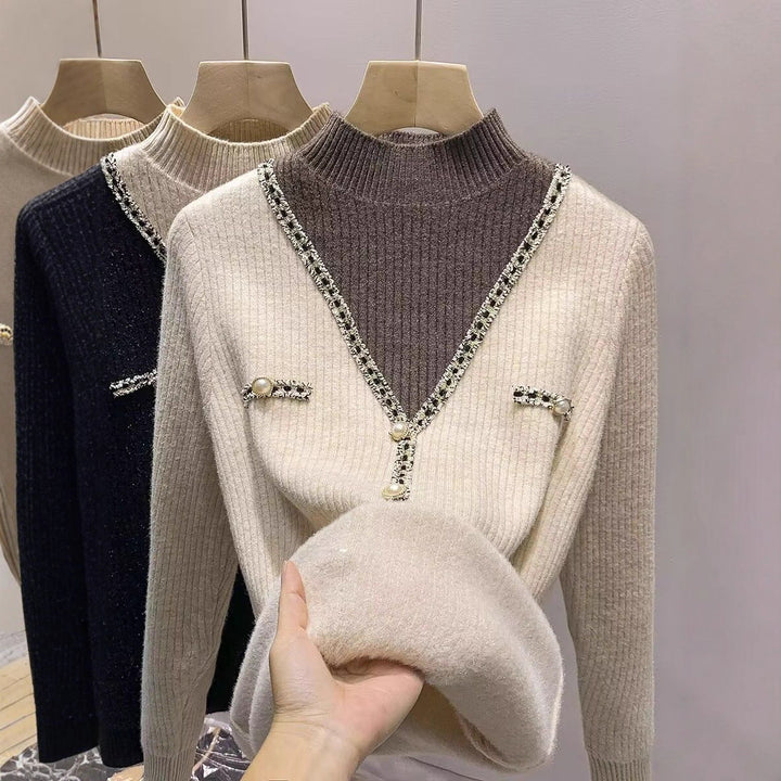 Dame mode V-hals pullover med glimmerdetaljer og knapper Stilla