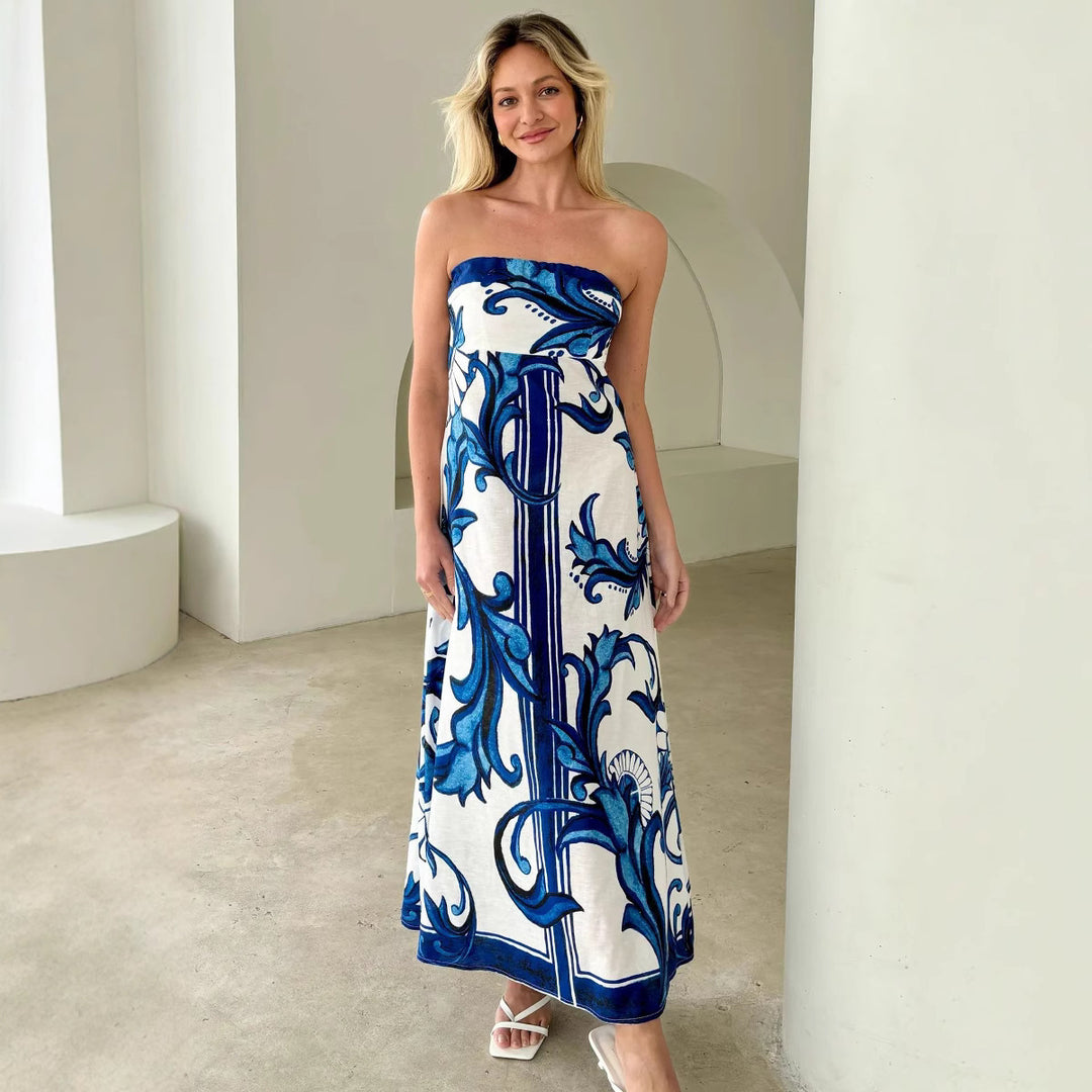 Kvindernes Bandeau Maxi Kjole med Elegant Blomstertryk og Flowsk Skæring