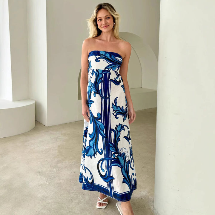 Kvindernes Bandeau Maxi Kjole med Elegant Blomstertryk og Flowsk Skæring