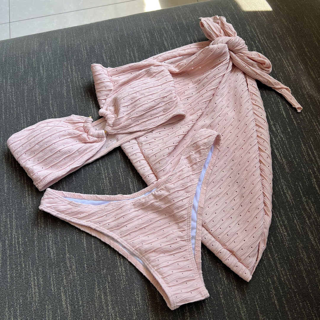Dame bandeau bikini sæt med justerbar omslag nederdel og innovativ ringdetalje Stilla