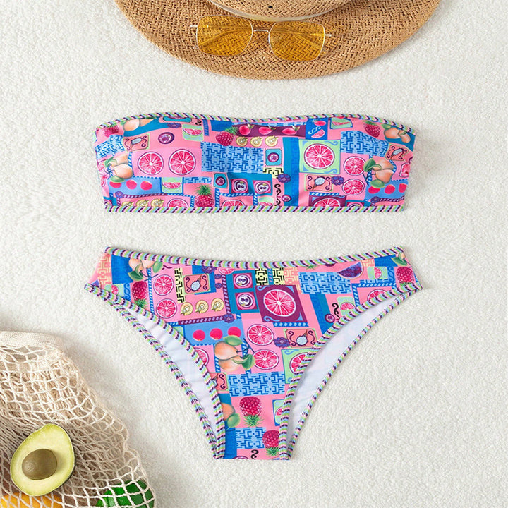 Dame Bandeau-bikini sæt med farverig mønstermiks og dekorative detaljer Skovae