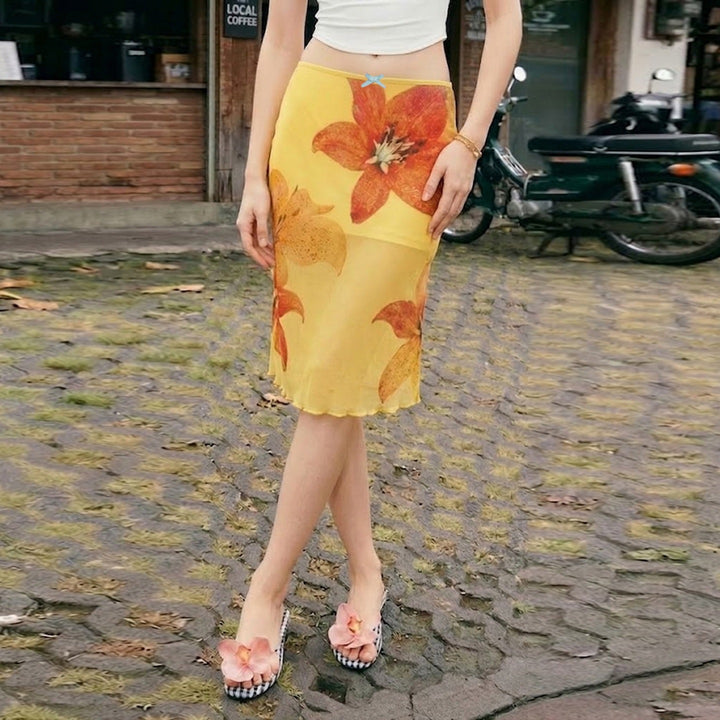 Damer midi-nederdel med blomster chiffon og elastisk linning Skovae