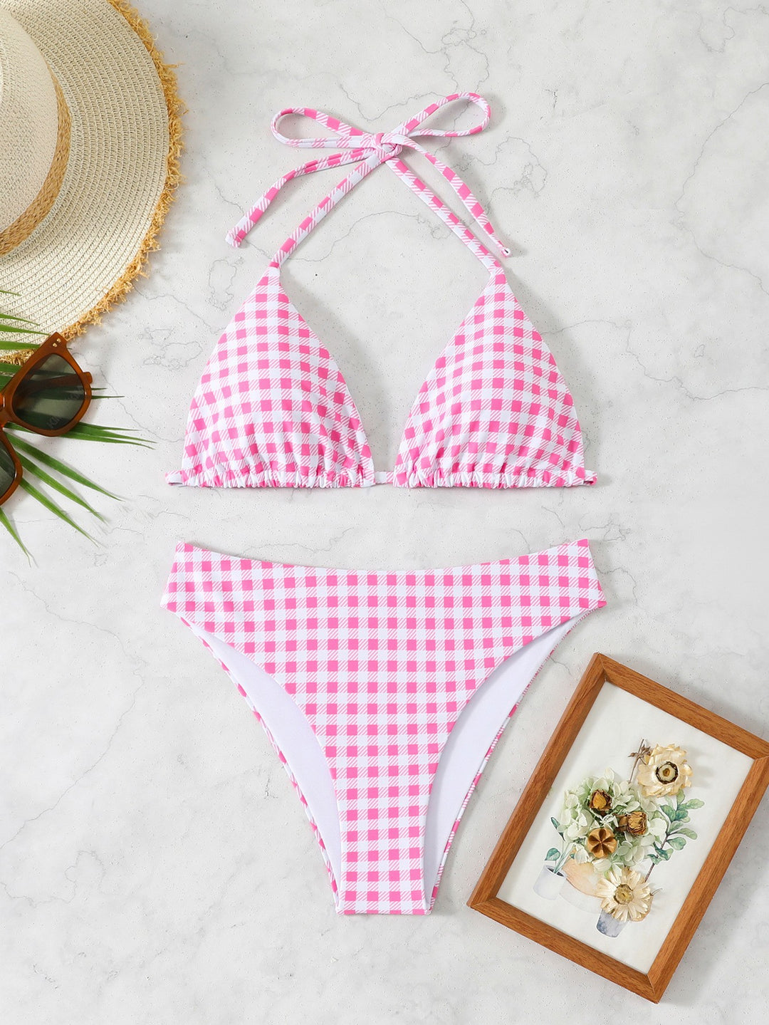 Dame Triangel-Bikini med blomster- og ternmønster Skovae
