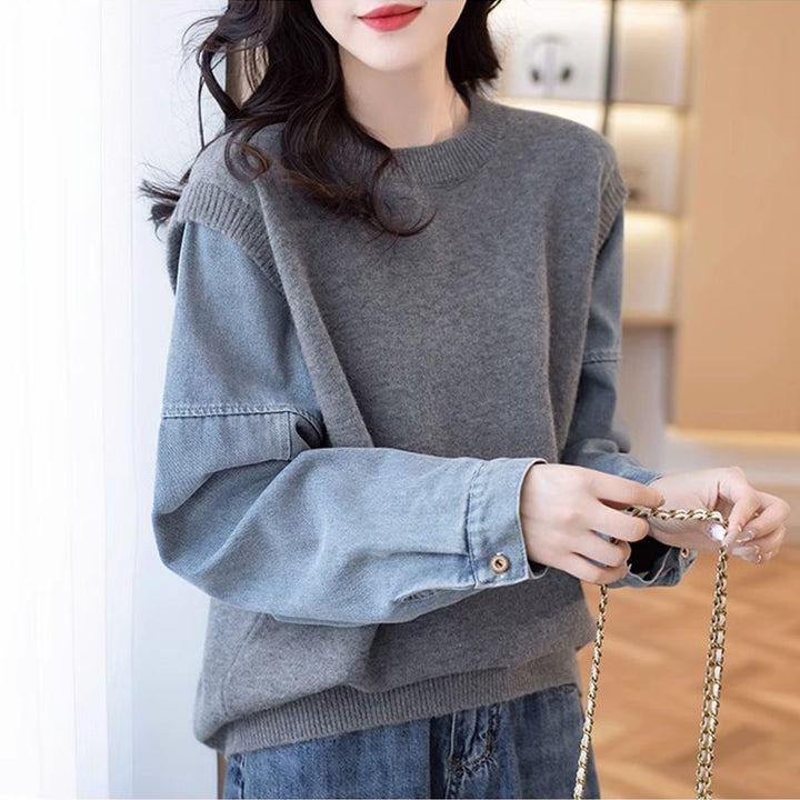 Dame Strik Sweater med Denim Ærmer Stilla