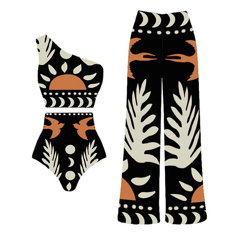 Dame to-delt strandoutfit med asymmetrisk top og bred bukser Stilla
