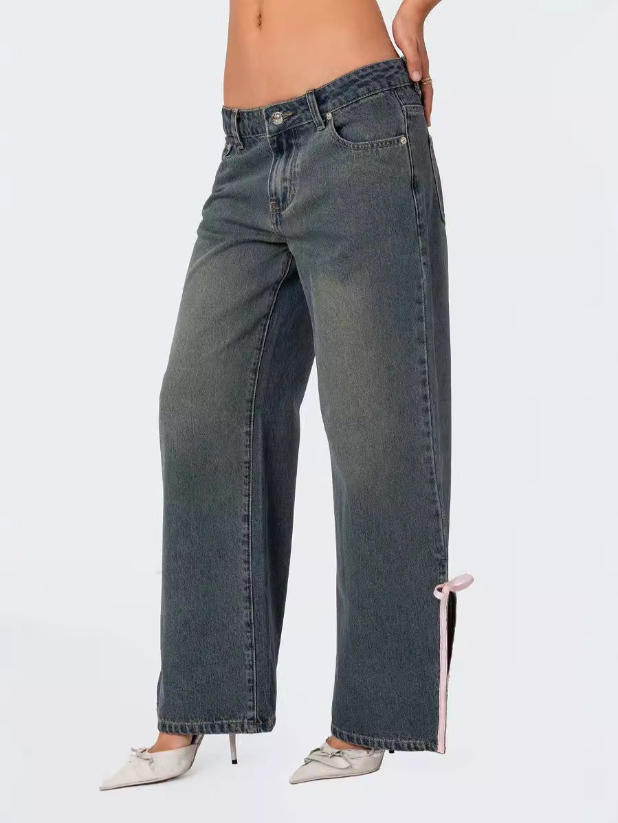 Dame Mode Wide-Leg Jeans med unikt snøre-detalje Stilla
