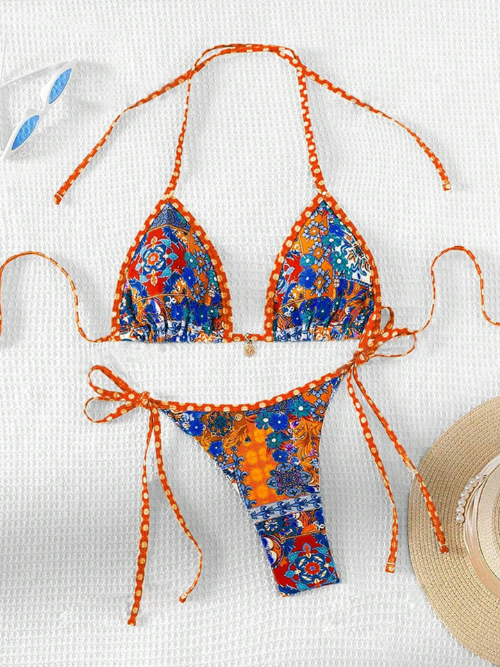 Damer trekant-bikini med blomsterdesign og justerbare bånd Skovae