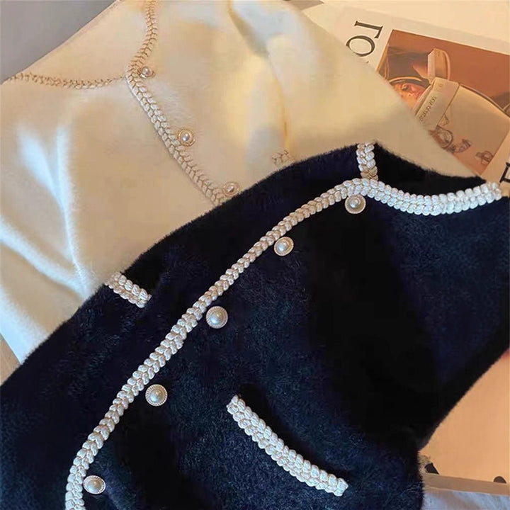 Dame Elegant Cardigan med Perle Dekorationer Stilla