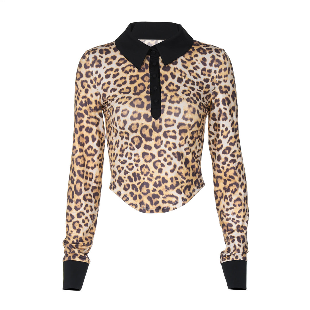 Dame Langærmet Poloshirt med leopardmønster og sorte akkompagnementer Stilla