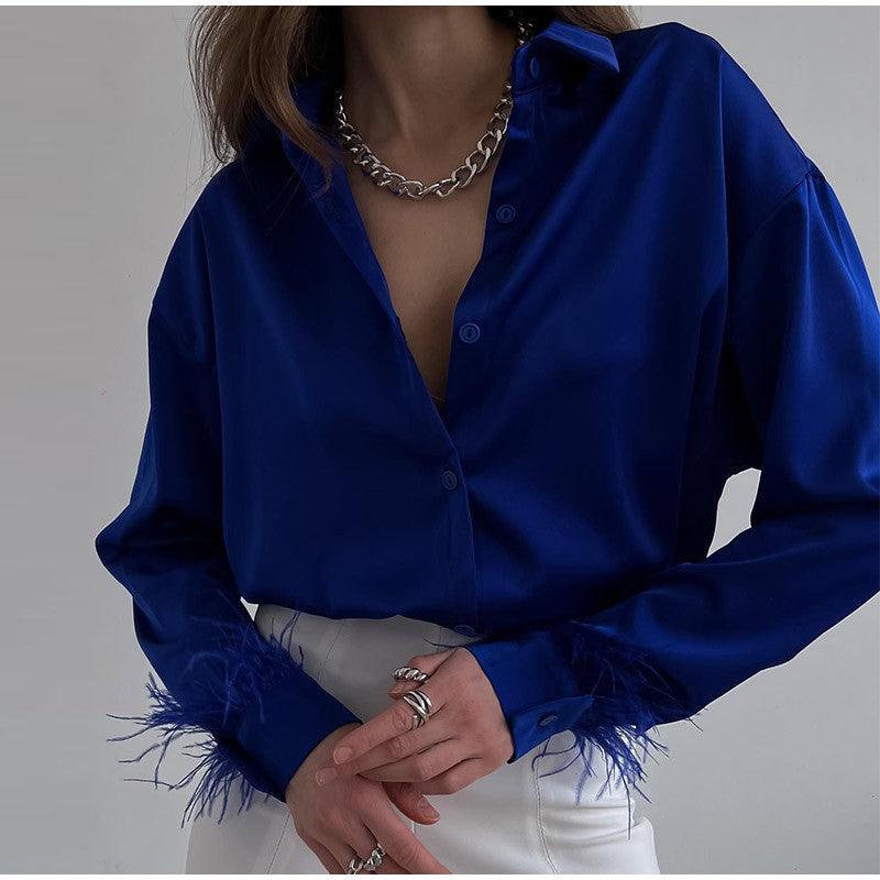 Dame Satin Bluse med elegante Fjer Stilla
