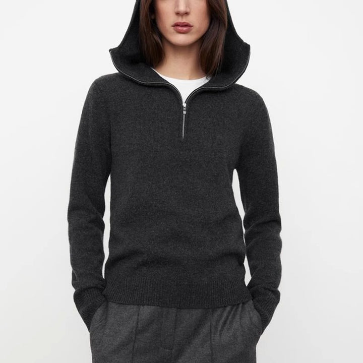 Kvinders elegante strikket sweater med hætte og halv lynlås Stilla