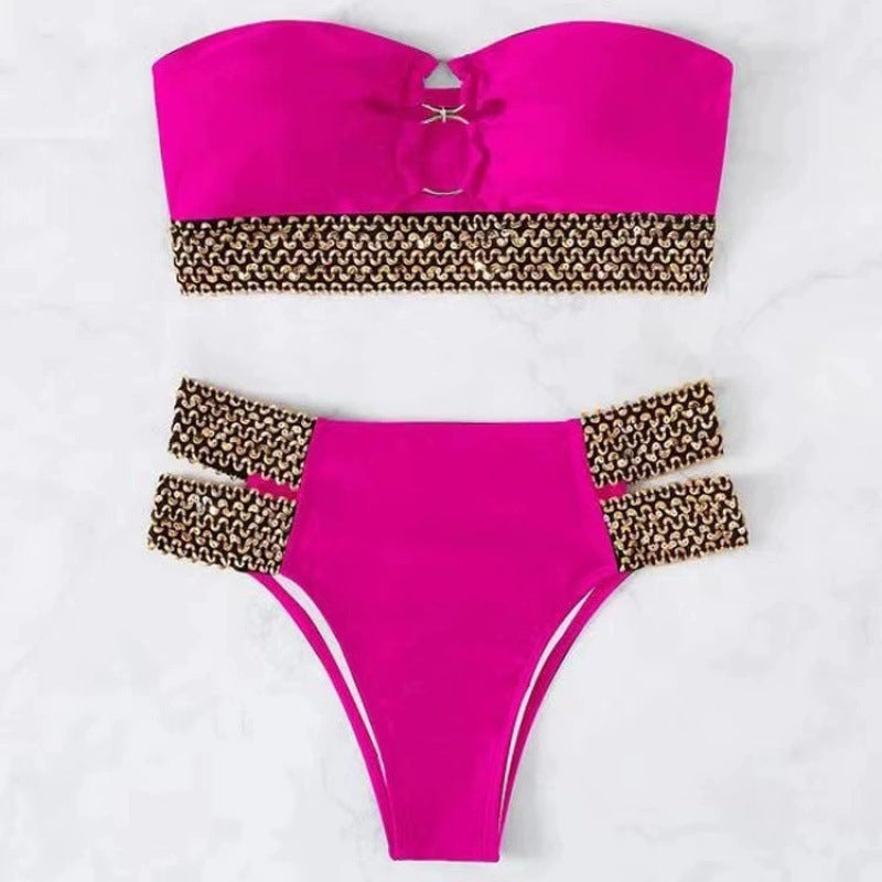 Dame bandeau-bikini med gyldne accenter og høj talje snit Skovae