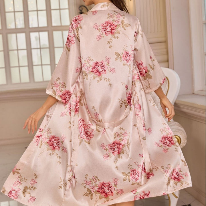 Femme Floral Satin Kimono Kjole Sæt Stilla
