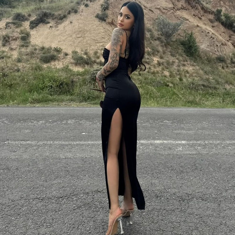 Dame Bodycon Maxikjole med rynket overdel og elegant split Stilla