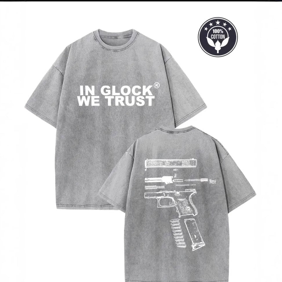 Dame T-shirt med grafisk gun-design og vintage-effekt Stilla