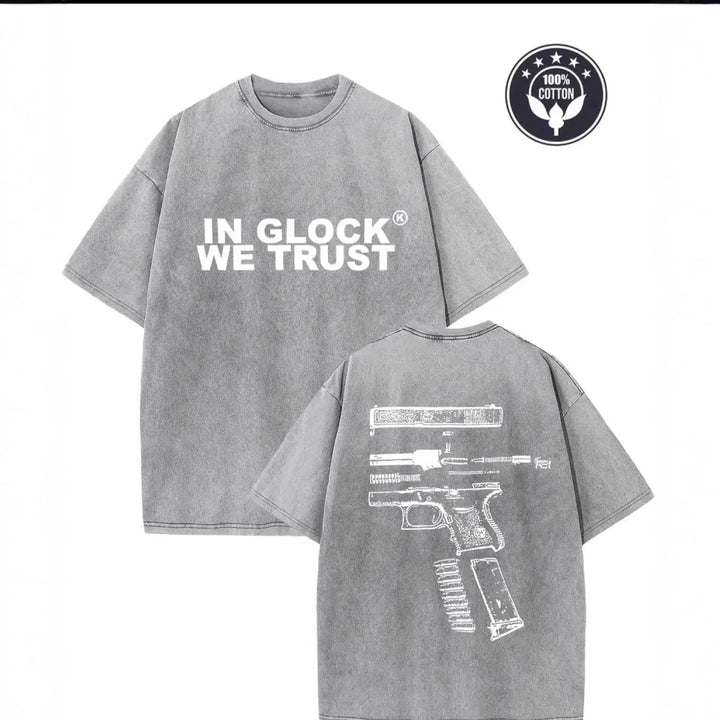 Dame T-shirt med grafisk gun-design og vintage-effekt Stilla