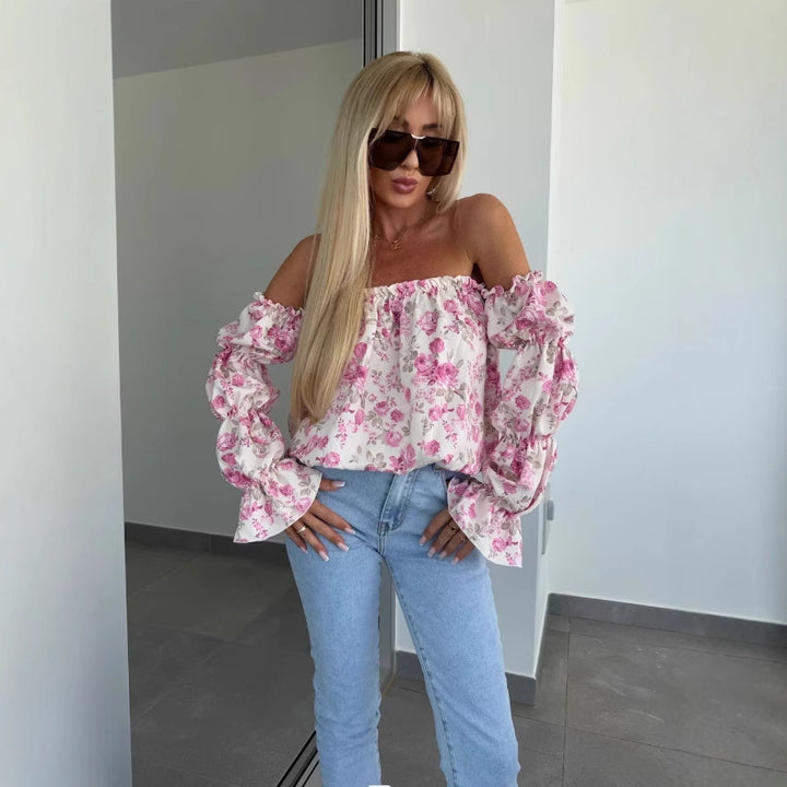 Damer Off-Shoulder Bluse med voluminøse puffærmer og floralt design Stilla