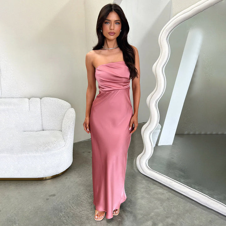 Dame Elegant Satin Maxikjole med figursyet snit Skovae