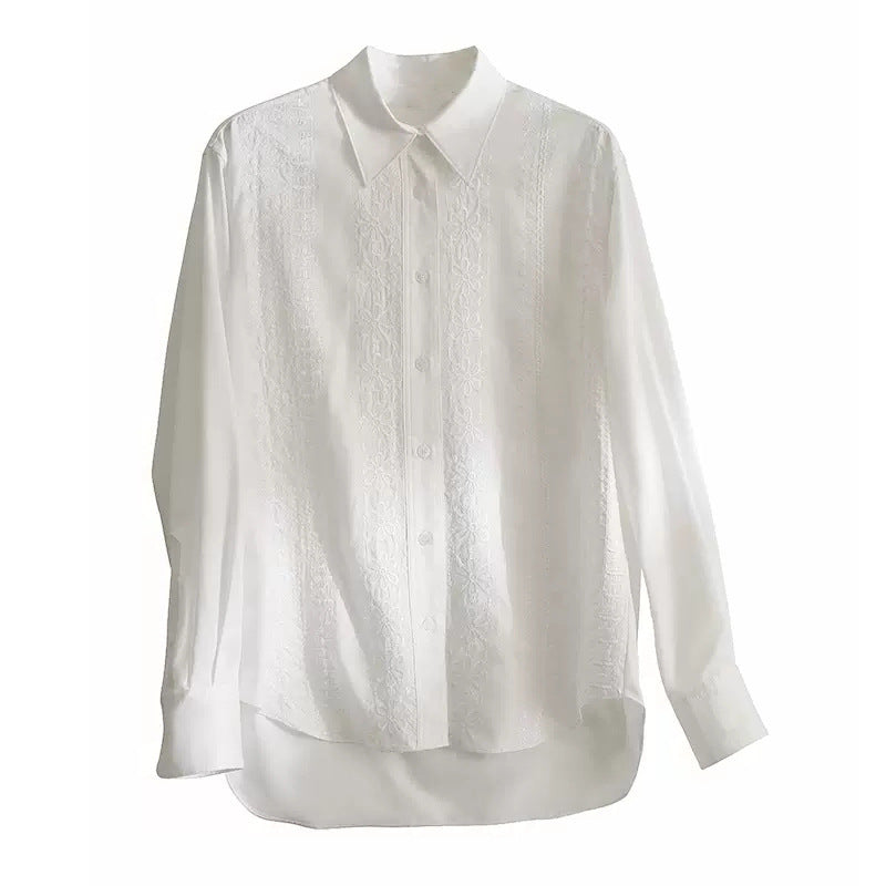 Dame elegant Langærmet bluse med fine broderier og klassisk snit Stilla