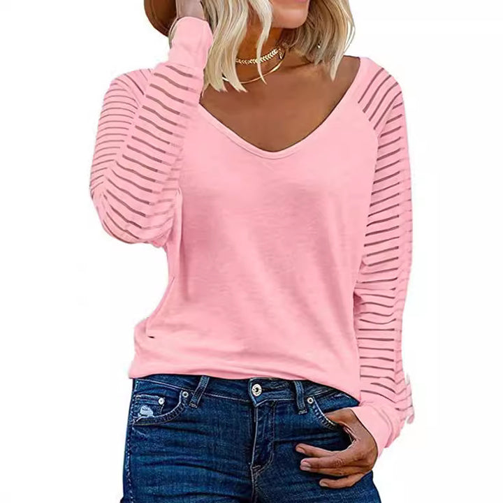Dame V-hals top med transparente stribearm Stilla