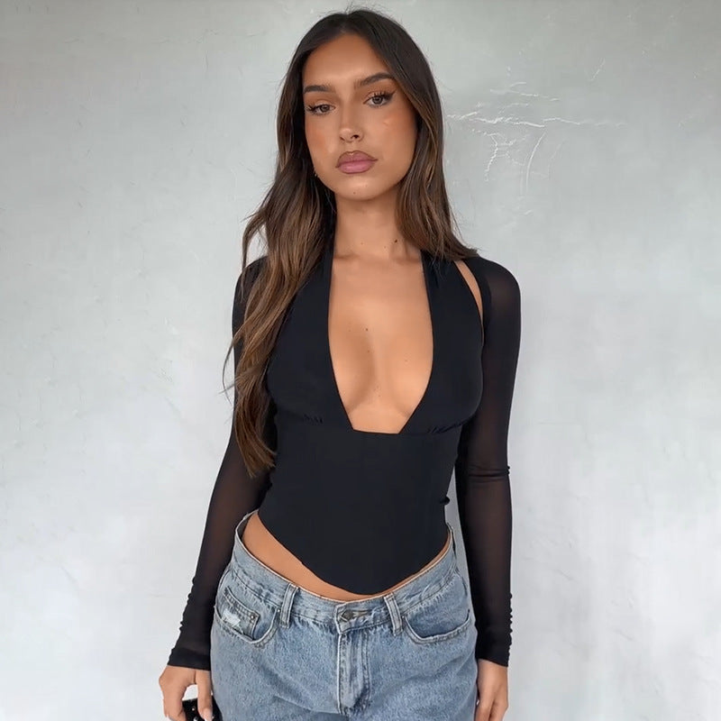 Dame Højhalset Crop-Top med gennemsigtige ærmer Skovae