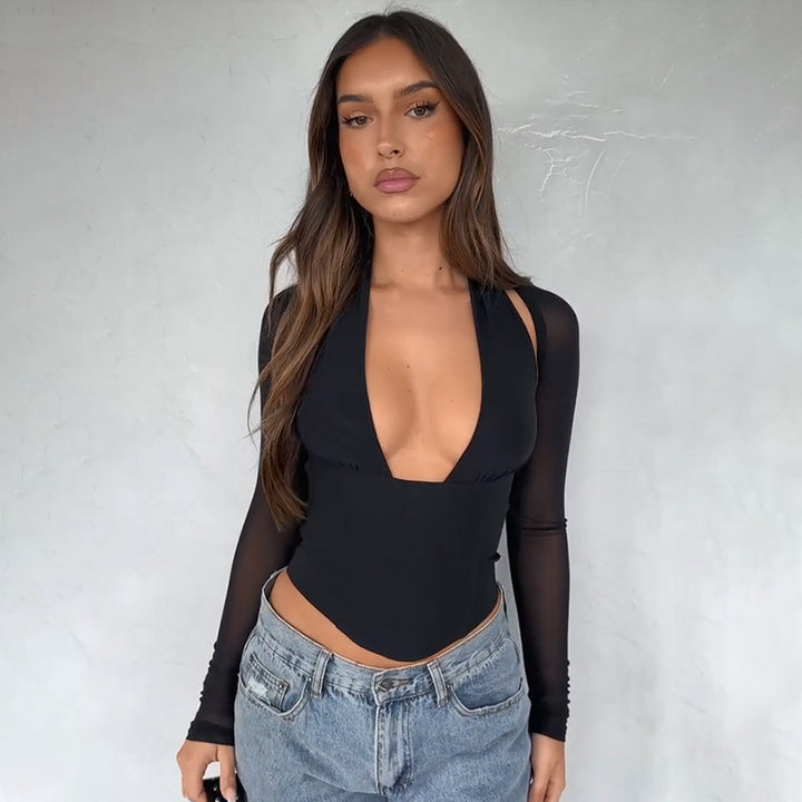 Dame Højhalset Crop-Top med gennemsigtige ærmer Skovae