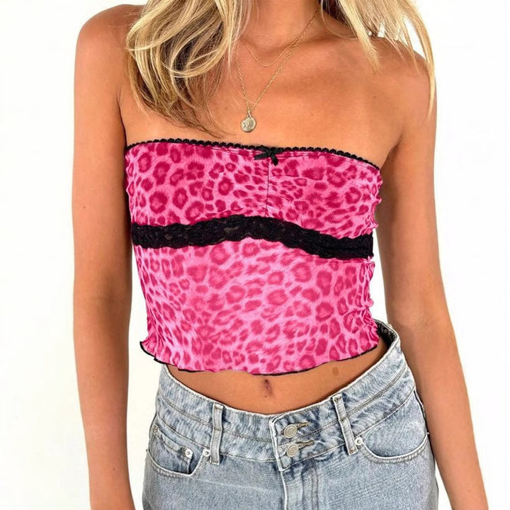 Dame bandeau-top med trendy leopardmønster og delikat spidskant Skovae