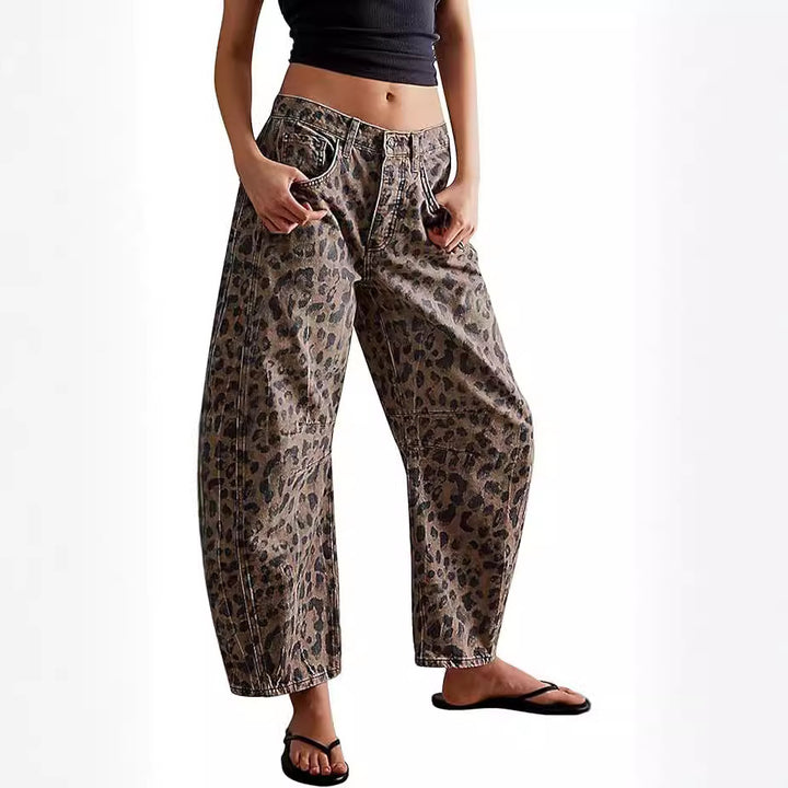 Dame brede jeans med iøjnefaldende leopardmønster og høj talje Stilla