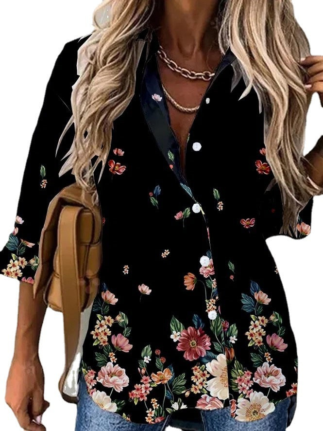 Dame bluse top med florale detaljer og elegant krave Stilla