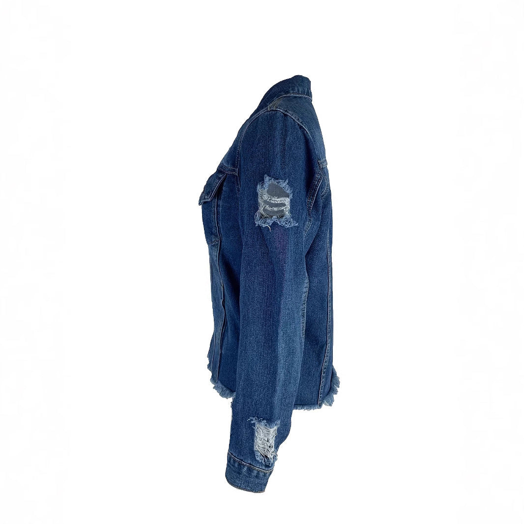 Dame Denimjakke med afslappet snit og flosset kant Stilla