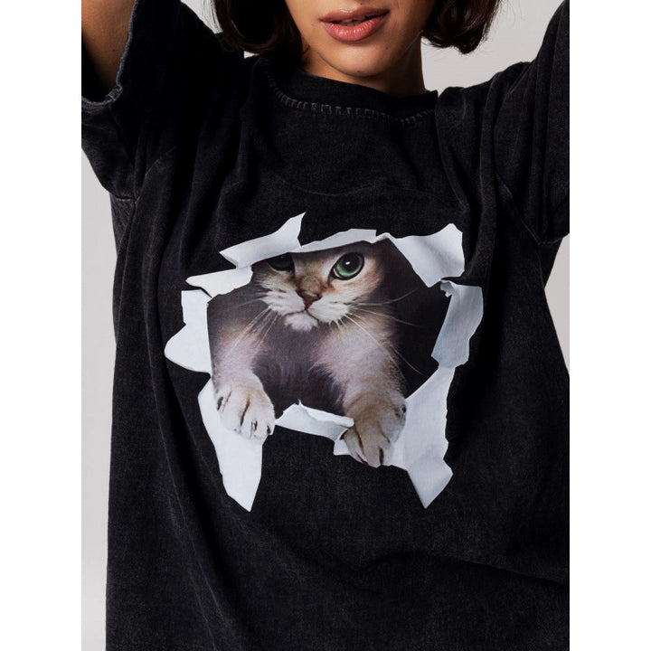 Dame T-shirt med kreativ kattemotiv og struktureret bomulds kvalitet Stilla