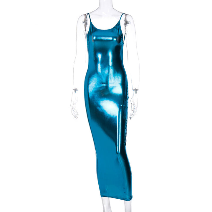 Dame Elegant Maxikjole i glinsende stretchmateriale med spaghetti stropper Stilla
