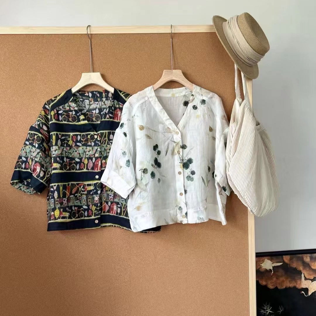 Femme Floral Print og Grafik Kortærmet Button-Up Skjorte Stilla
