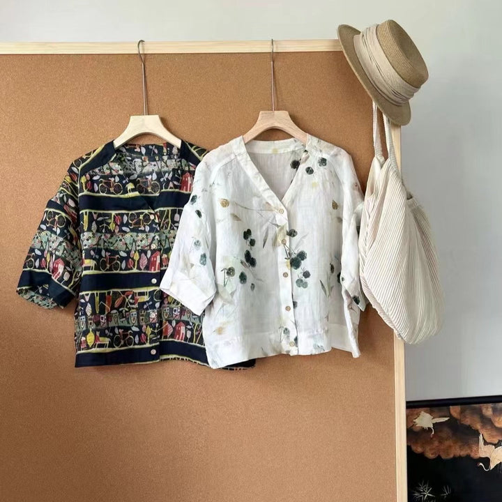 Femme Floral Print og Grafik Kortærmet Button-Up Skjorte Stilla