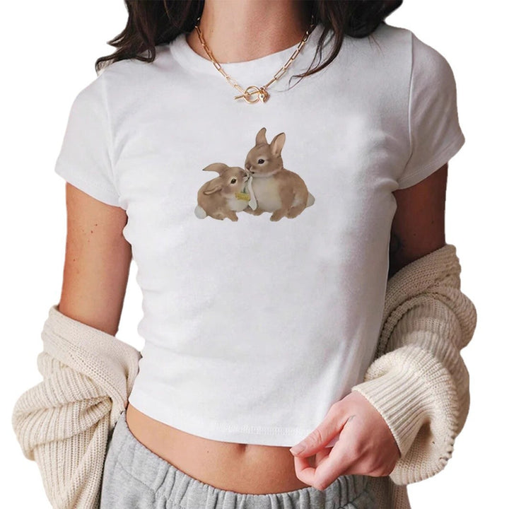 Dame Crop-T-Shirt med sødt kaninmotiv Skovae