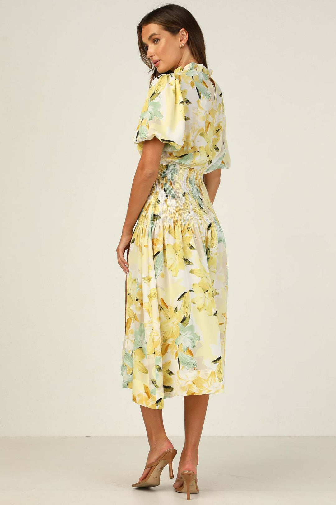 Dame Elegant Floral Rynkning Midi Kjole Stilla