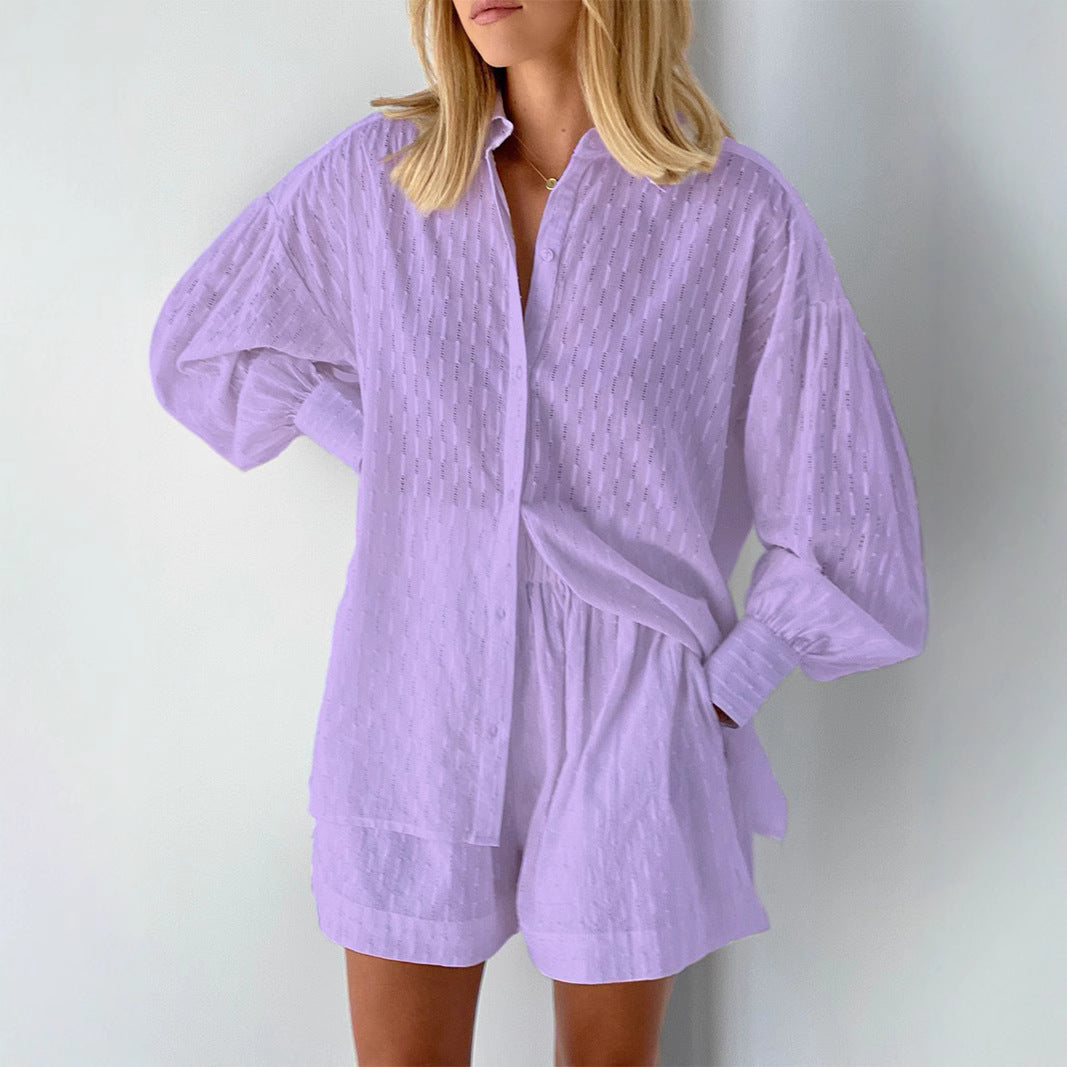 Femme Relaxed Fit Struktureret Button-Up Skjorte og Shorts Sæt Stilla