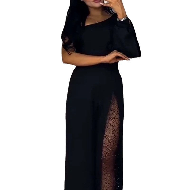 Asymmetrisk ensidig dame-jumpsuit med palietpanel Stilla