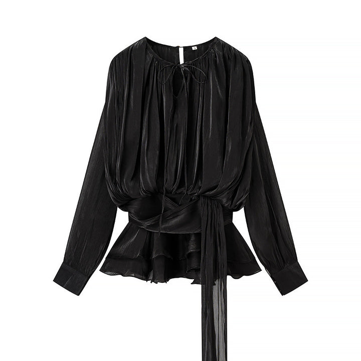 Dame Elegant Bluse med Rynker og Bundet Bælte Stilla