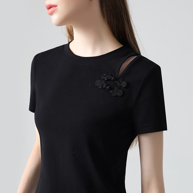 Dame kortærmet shirt med unikt blomsterapplikationsdesign og kropsnært snit Stilla