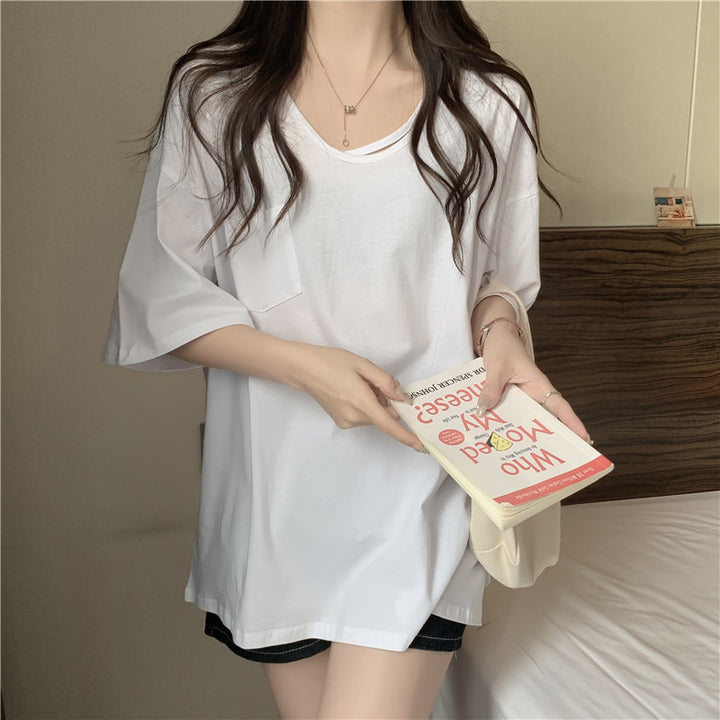Femme afslappet oversized V-hals T-shirt med lomme Stilla