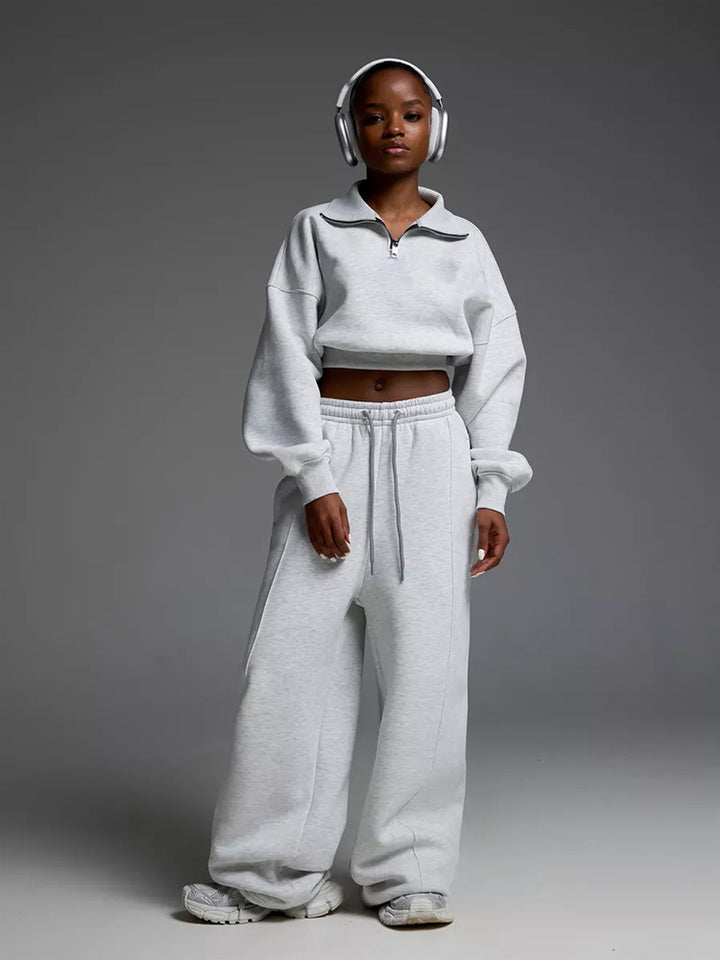 Dame Premium Sweat-Set med kort lynlås og brede bukser Stilla