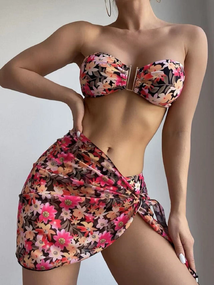 Damer Bandeau Bikini Sæt med blomster mønstre og indpakning nederdel Stilla